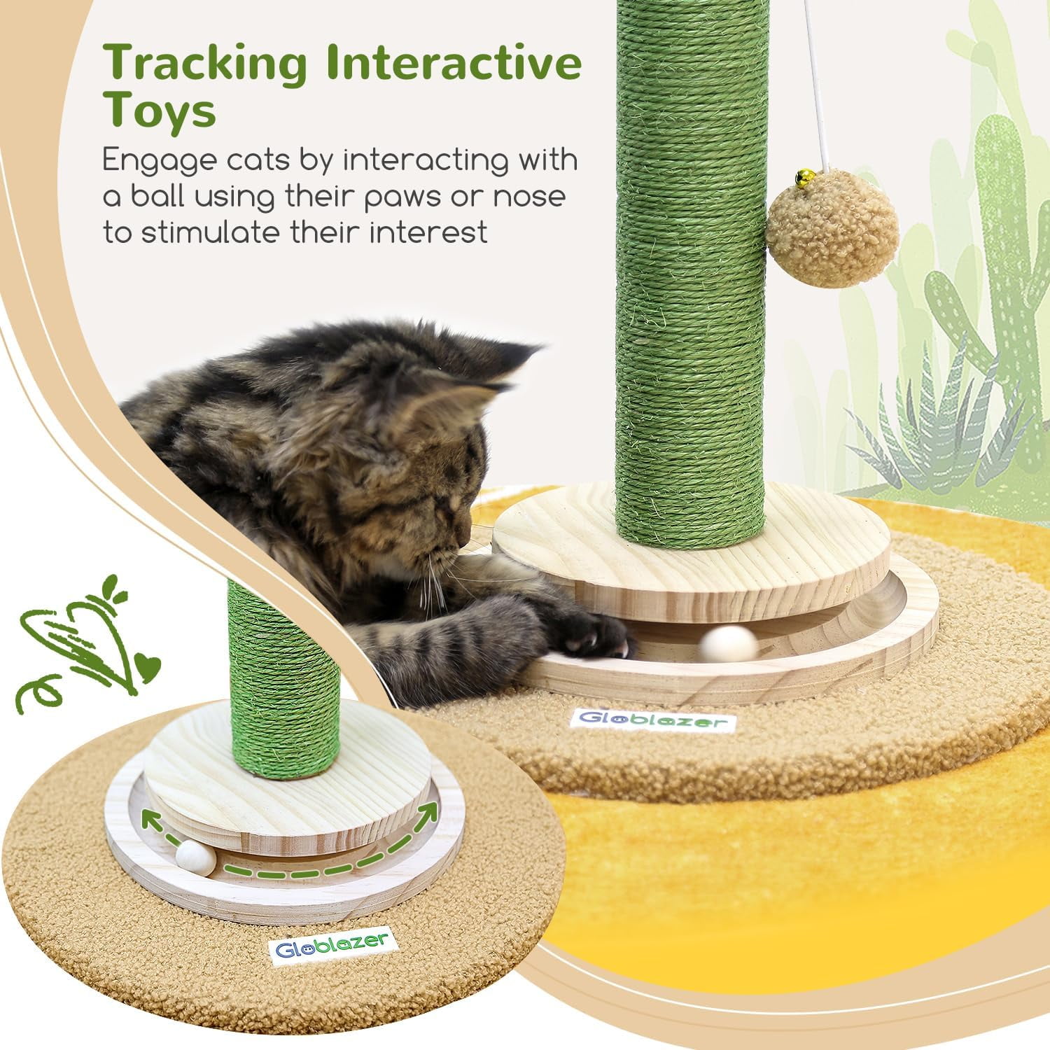 Tall Scratching Post for Cats, Cactus Cat Scratching Post Cat Scratcher Cute Sisal Large Cat Scratching Post with Modern Wooden Ball Tracking Interactive Toys, SC30