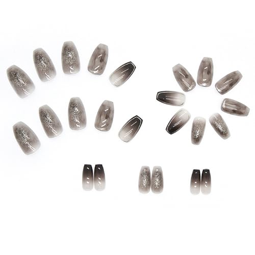 24PCS Grey Black Press on Nails Medium Length Fake Nails Glossy Autumn ...