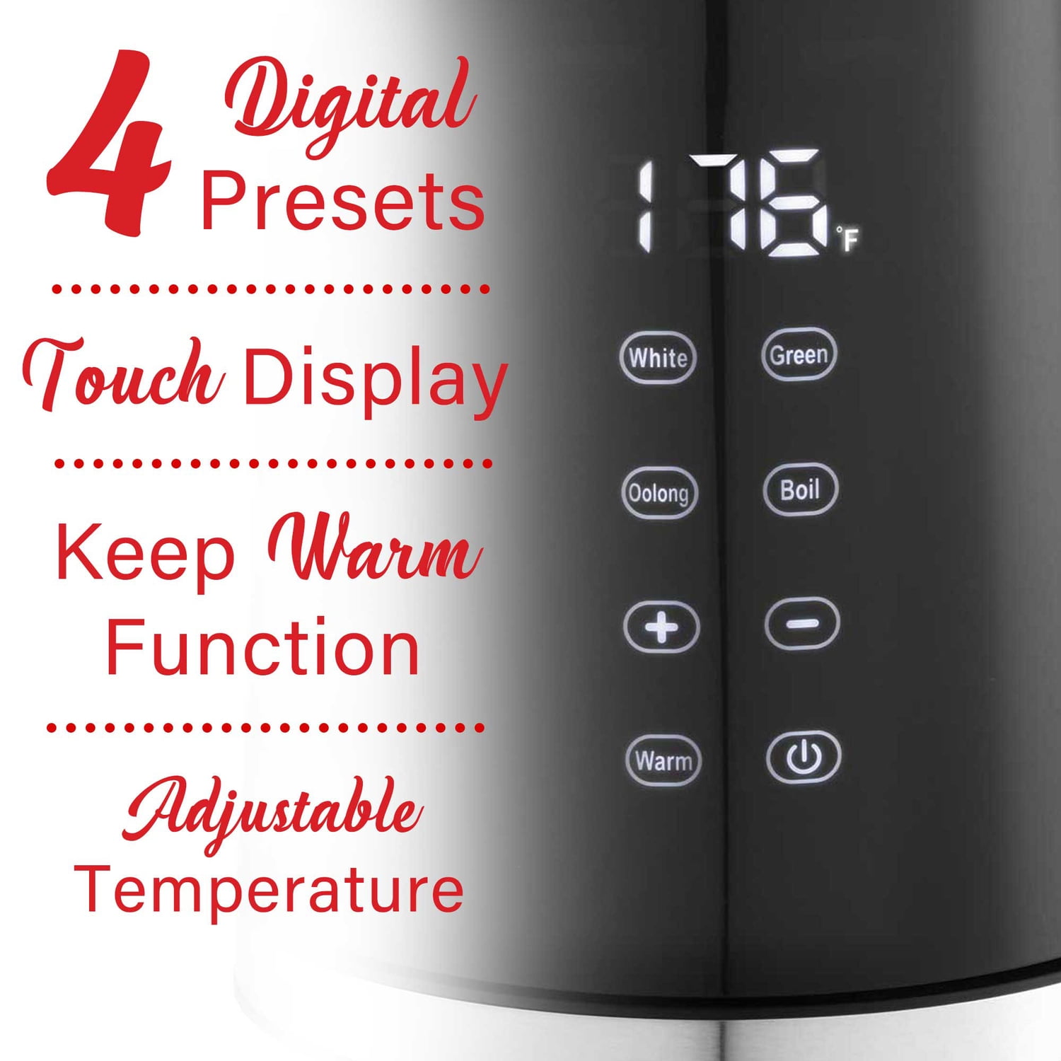 Brentwood 1,100-Watt 1.7-L Cordless Cool-Touch Digital Electric Kettle with Stainless Steel Interior, BTWKT2015DBK, KT-2015DBK