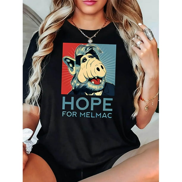 Camiseta informal de cuello redondo inspirada en Melmac para mujer, 95 % algodón, 5 % elastano, manga corta con estampado animal, ideal para todas las estaciones y con elasticidad media.