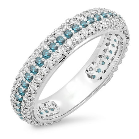 - 1.30 Carat (ctw) 10K White Gold Round White & Blue Diamond Ladies Pave Set Anniversary Wedding Eternity Ring Band 1 1/3