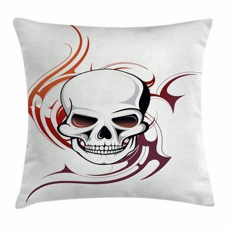 Red Tribal Flame Graphics Tattoo Decor Throw Pillow Cushion Cover, Scary Fierce and Wild Skull with Red Flames Tribal Artistic Tattoo Image, Decorative Square Accent Pillow Case, 20 X 20 Inches, Red and White, by Ambesonne ()
