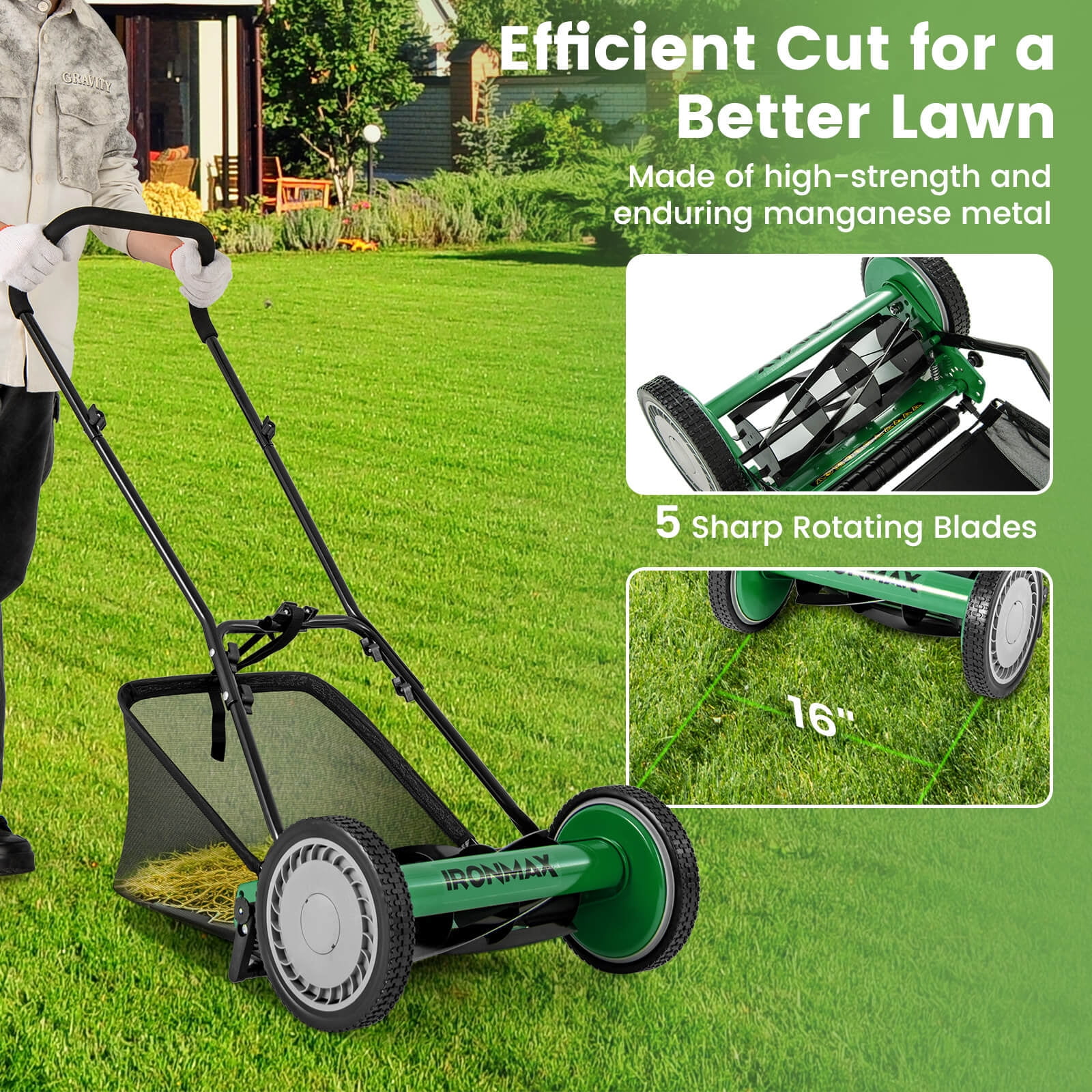 Ironmax 16" Push Lawn Mower with 5-Blade 6.9 Gallon Removable Grass Catcher for Garden Green + Black