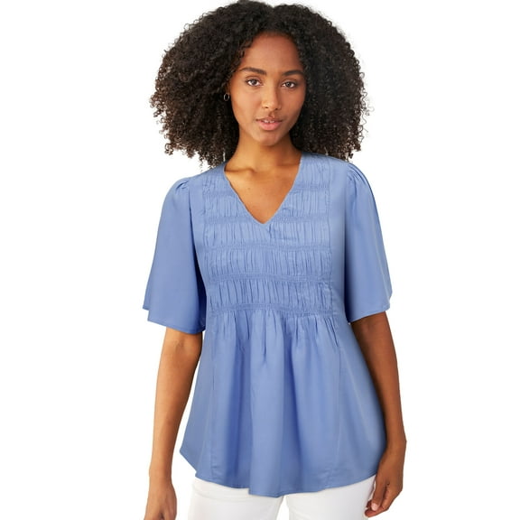 ellos Plus Size V-Neck A-Line Blouse With Smocked Bodice