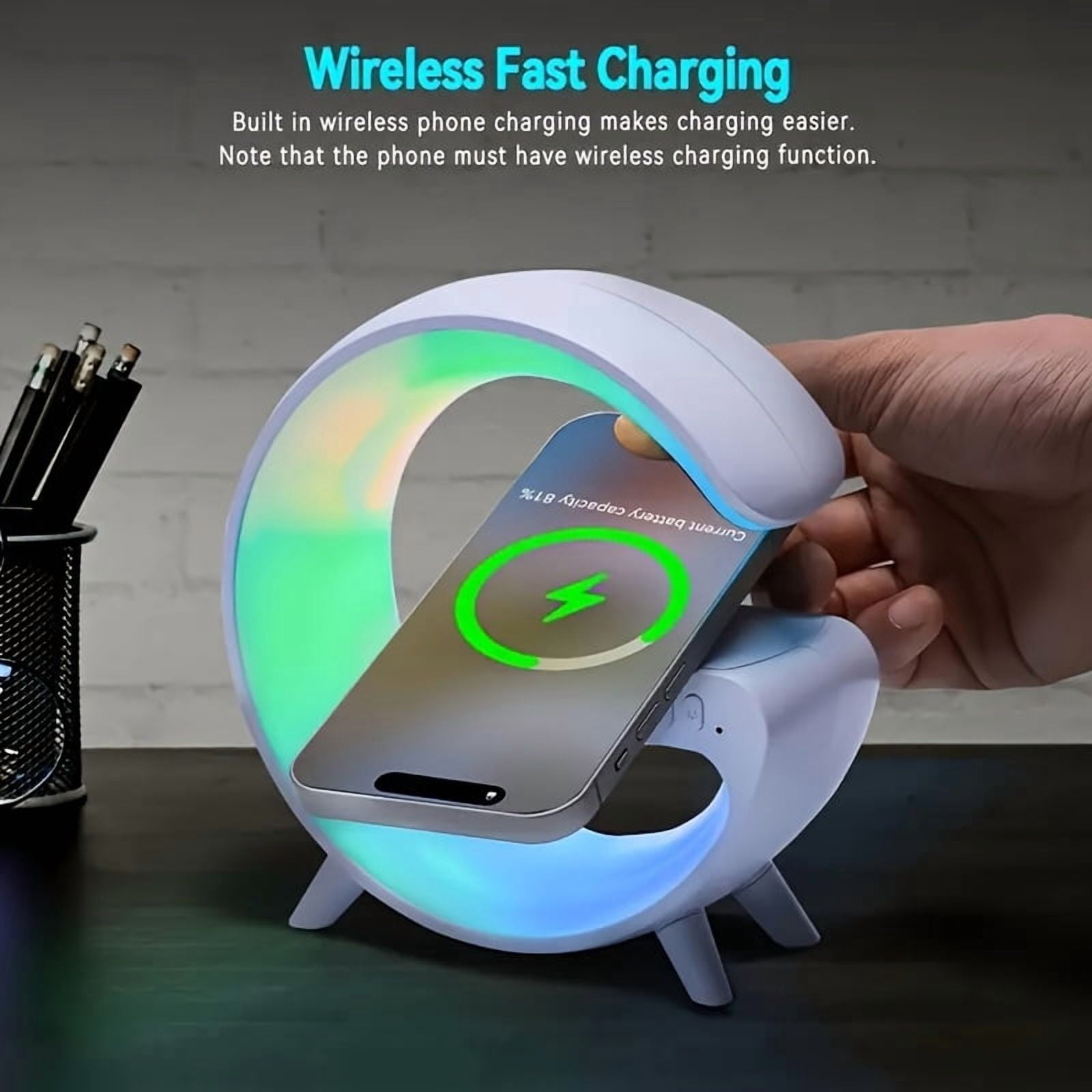 Multi-Function Wireless Charger Stand with Speaker, Alarm Clock, RGB Night Light for iPhone Samsung - Fast Charging Station, Halloween Christmas Gifts