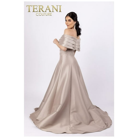 Women's Terani Couture Off Shoulder Pleated Neckline Embroidery Ballgown Dress 232m1511 Taupe 10