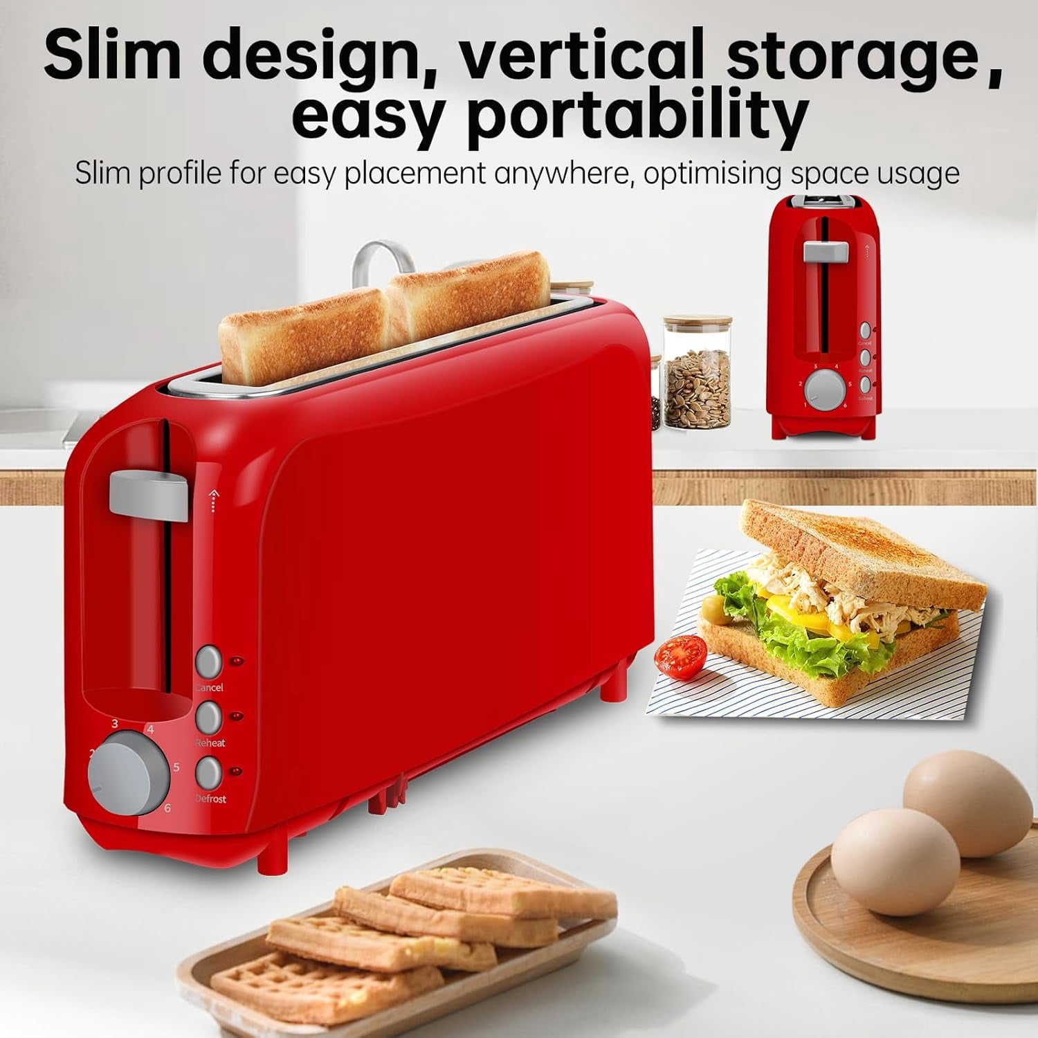 2-Slice Slim Toaster, 6 Shade Settings with Cancel, Reheat & Defrost, 10" Long Slot, Auto Shut off, Removable Crumb Tray, Red