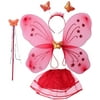 Eastjing Girls Fairy Butterfly Costume Set Tutu Skirt with Butterfly Wings Headband Magic Wand Girls Fancy Dress Kids Performance Party Costume 4PCS (Red)