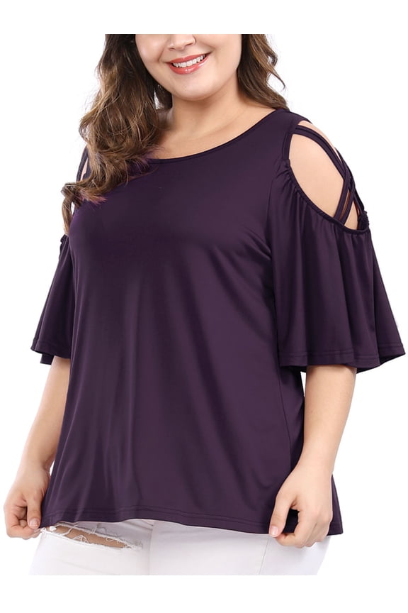 Women's Plus Solid Strappy Cold Shoulder Trumpet Sleeve T-shirt