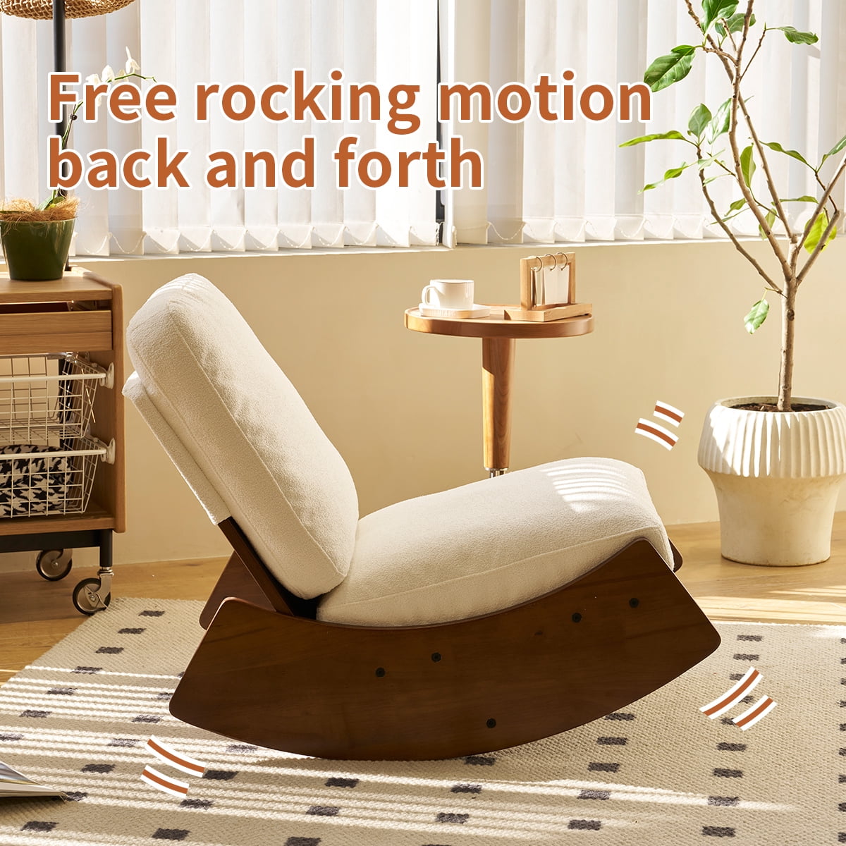 Royard Oaktree Rocking Chair with Solid Wood Base, Mid-Century Modern Upholstered Rocker Glider Chair Armless Accent Reading Chair for Bedroom, Living Room, Balcony, Office. (White)