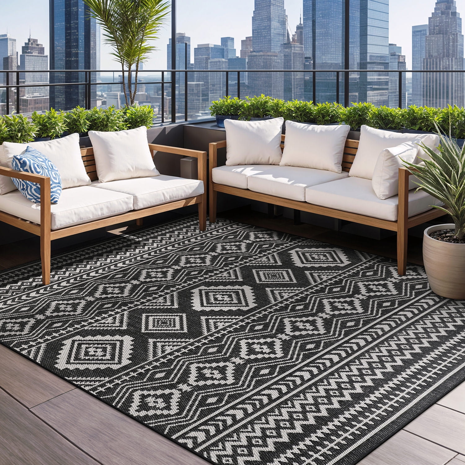 Beverly Rug Outdoor Area Rugs, Waterproof Patio Porch Garden Carpet, Black and White, 10'x14'