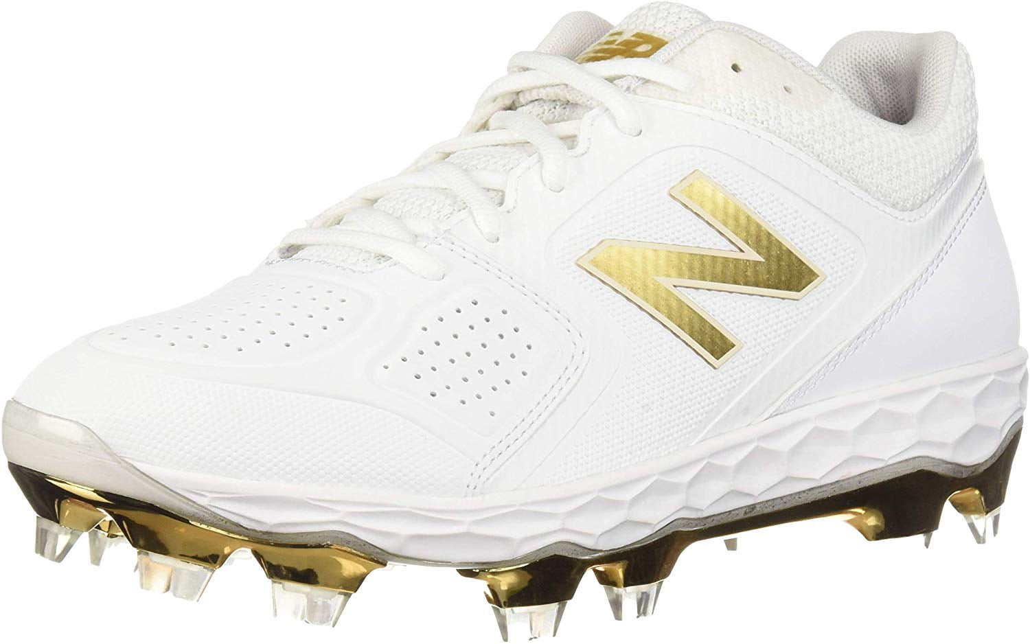 white and gold new balance spikes