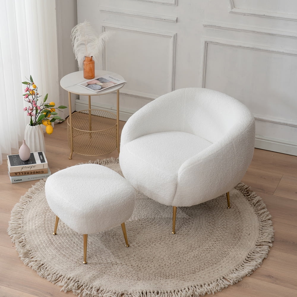 Fluffy Chair with Ottoman, Sesslife White Accent Chair and Ottoman Set