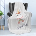thumbnail image 4 of Unicorn Soft Flannel Fleece Throw Blanket, Unicorn Cake Party Cursive Handwriting Charming Cartoon, Cozy Plush for Indoor and Outdoor Use, 50" x 70", Blush and Multicolor, by Ambesonne, 4 of 5