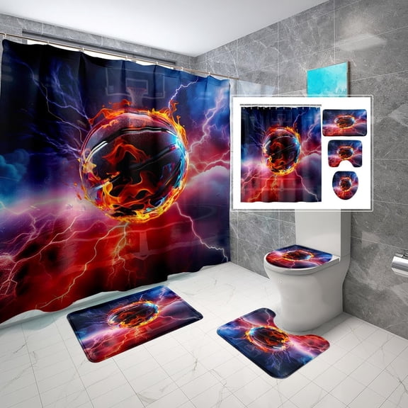 4PCS Boys Shower Curtain Set - Basketball Sports Shower Curtain for Boys Bathroom Decor Basketball Shower Curtain with Bath Mat and 12 Hooks Basketball Bathroom Decor for Boys Teens Mens, 70" x 70"