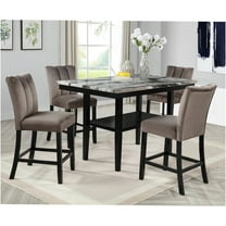 JERFIT Modern 5-Piece Counter Height Dining Set with Faux Marble Table and Velvet Upholstered Chairs, Black and Brown Kitchen Bistro Set for 4