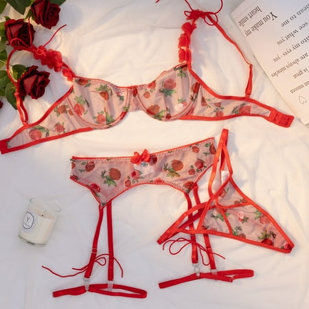 Generic Sexy Lingerie Popular Lace Mesh Floral Print Stitching Sexy Three-Piece Set 28726