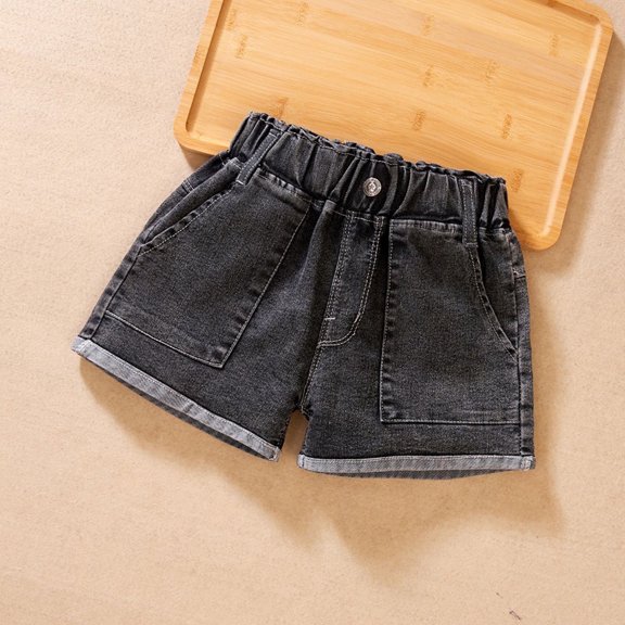 Juslio Girls Elastic Waist Breathable Denim Shorts Solid Casual Jeans Shorts Sizes 3-4