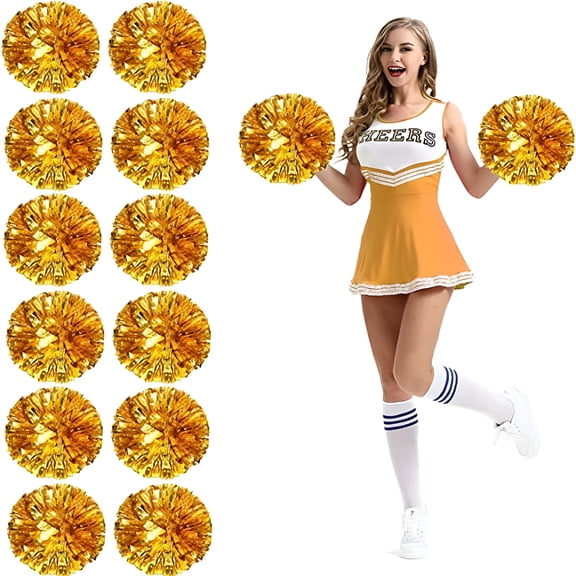 BESTSKY 12Pcs Cheerleading Pom Poms with Finger Holes Metallic Foil Cheer Pom Poms for Dance, Matches, Team Spirit Sports, Stage Performance, Carnival Celebration (Gold, Medium)