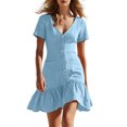thumbnail image 3 of ClodeEU Women's V Neck Short Sleeve Mini Dress,Button Front Ruffle Hem Bodycon Dress Light Blue,Women's Plus XL, 3 of 8