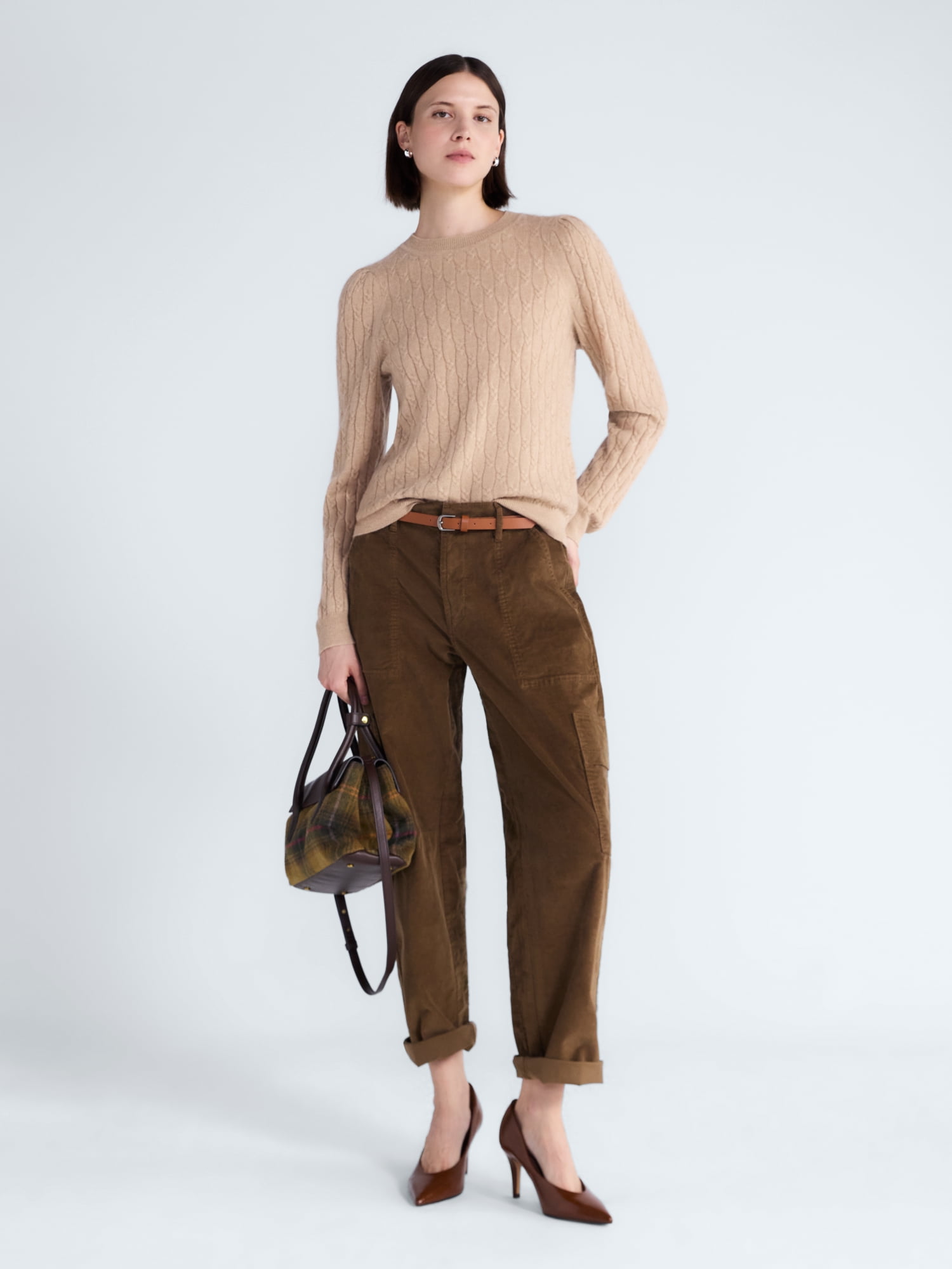 Free Assembly Women's and Women's Plus Cashmere Cable Knit Sweater with Puff Sleeves, Midweight, Sizes XS-4X