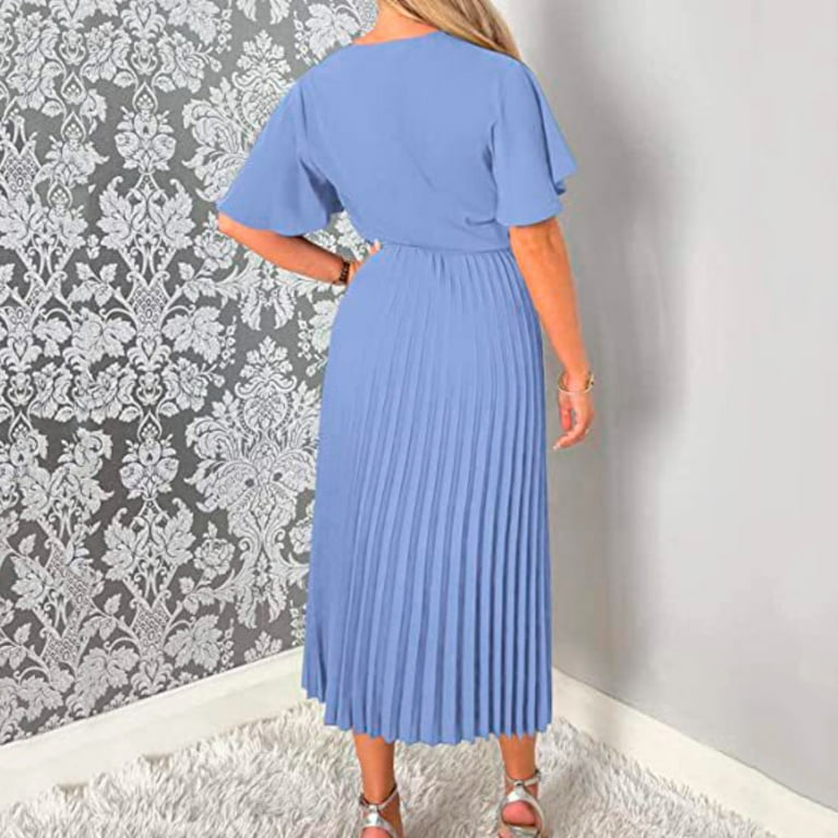 PEASKJP Summer Dresses for Women 2023 Flutter Sleeves Pleated V Neck Belted  Wrap Dress Flare Dress Light Blue S - Walmart.com
