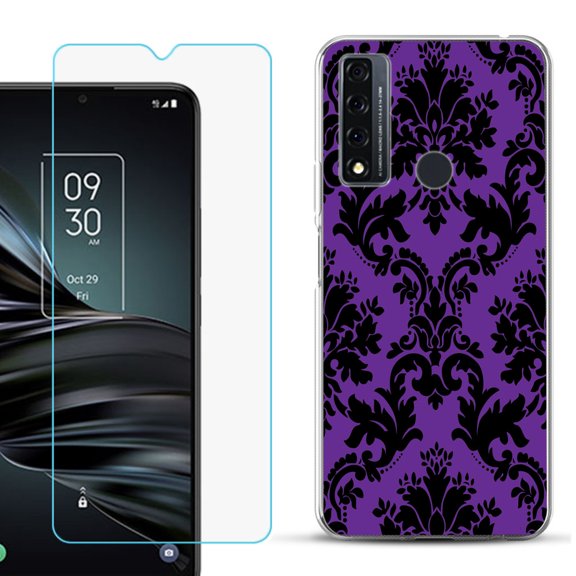 Slim-Fit Fashion Phone Case for TCL 20 XE, with Tempered Glass Screen Protector, by OneToughShield ® - Victorian Purple/Black