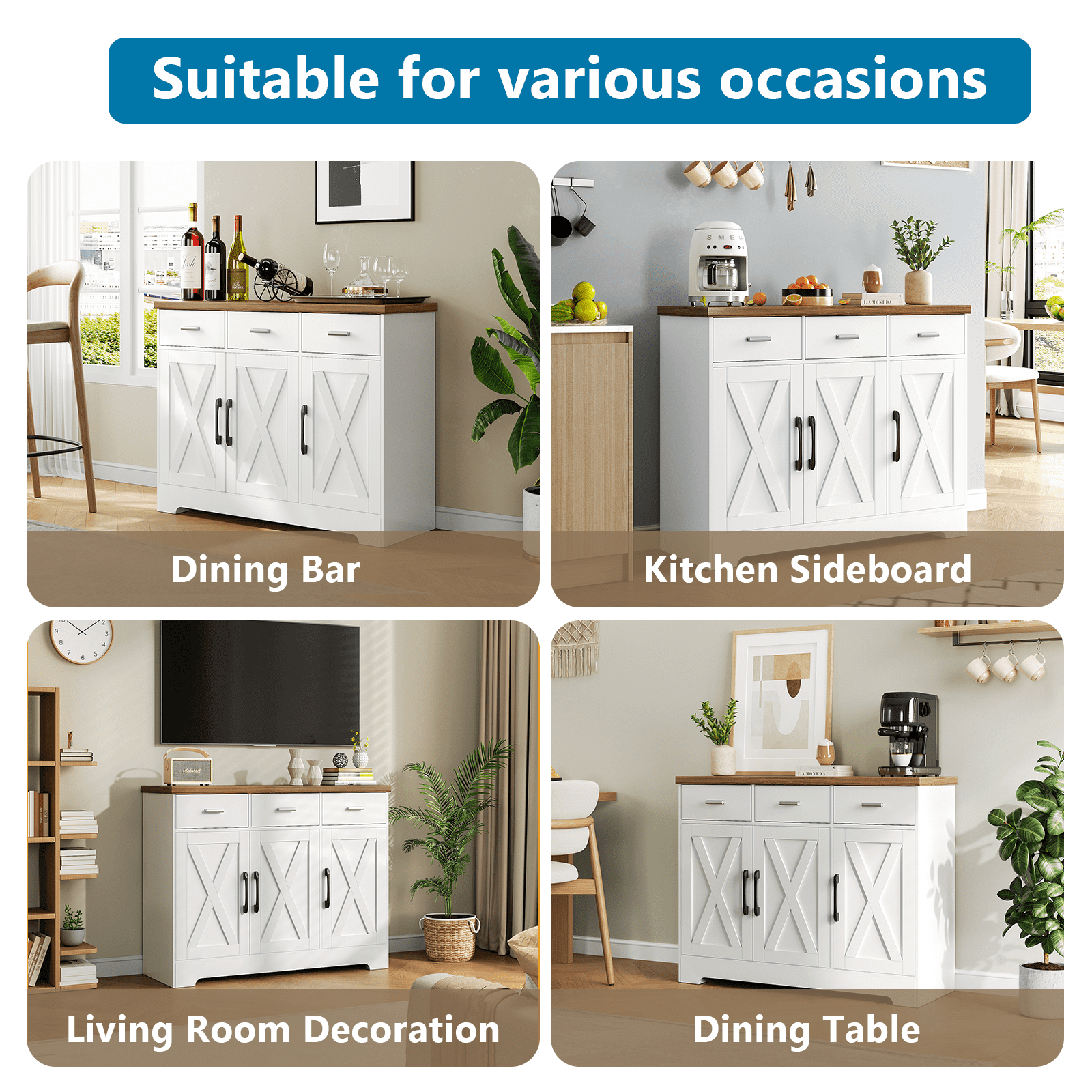 LAFGUR Buffet Sideboard Cabinet,Wood Kitchen Storage Cabinet with Adjustable Shelves,Modern Farmhouse Coffee Bar Cabinet for Kitchen, Dining Room, White