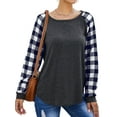 thumbnail image 4 of Women Round Neck Long Sleeve Splicing Plaid Top, 4 of 7