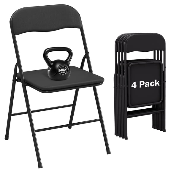 4 Pack Folding Chairs, Black PU Cushion Chairs Metal Frame Stackable Portable Foldable Chairs for Indoor Outdoor Use, 352LBS Weight Capacity