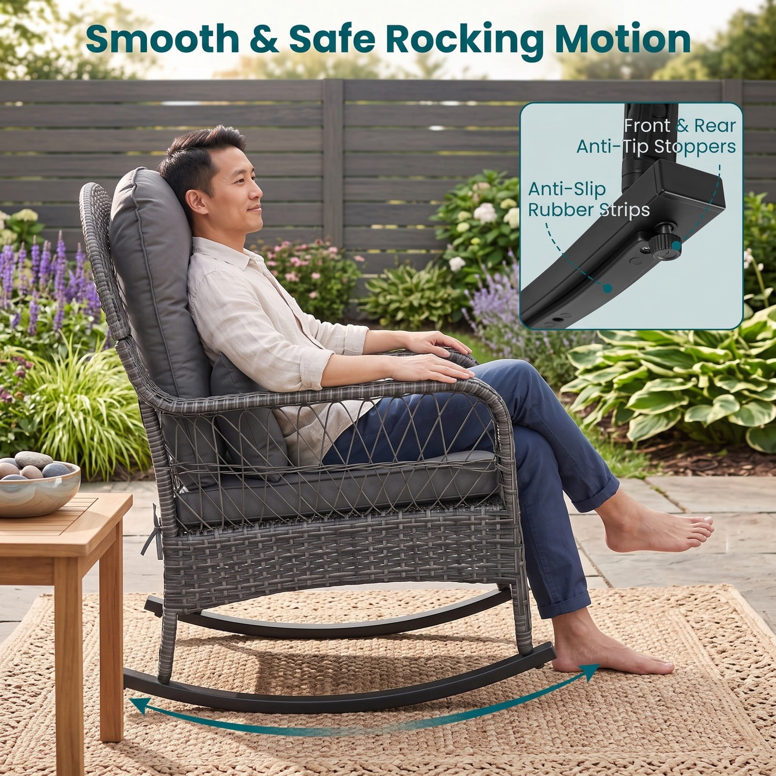 Furnibear 400 LBS Patio Rattan Rocker Chair, Outdoor Glider Rocking Chair with Anti-Tip Stoppers, Thick Seat & Lumbar Cushions, Ergonomic PE Wicker Porch Chair, Gray