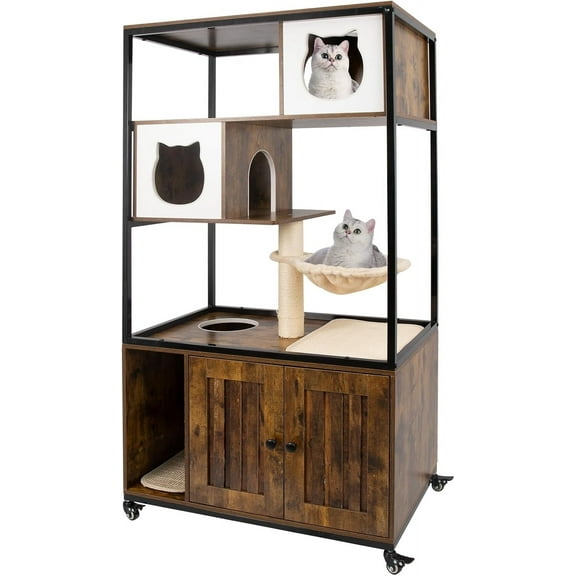PETSCOSSET Cat Tree with Hidden Litter Box Enclosure, Climbing Platforms, Condo Hammock, and Scratching Post