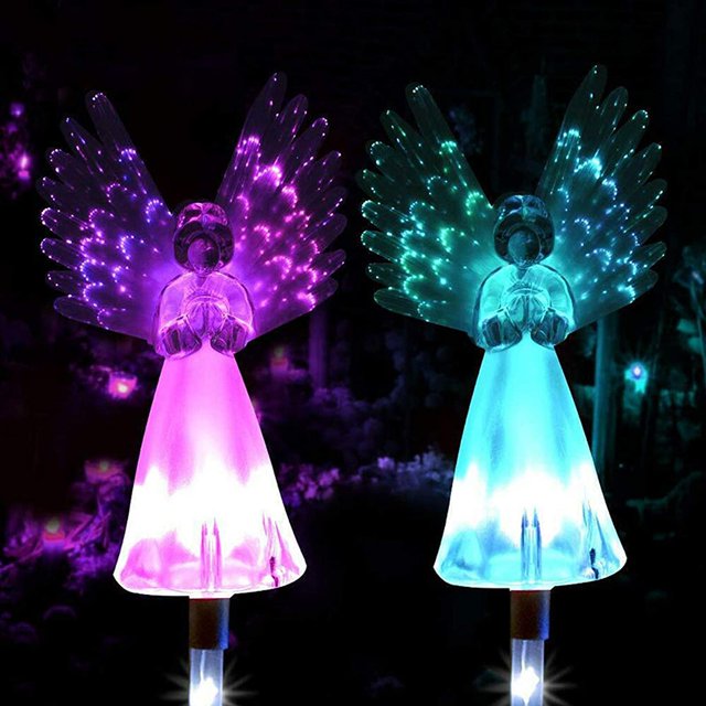 Ángel de luz solar, paquete de 2 luces de estaca de camino de ángel, alas brillantes, lámparas de colores (paquete de 2) oso de fresa Electrónica