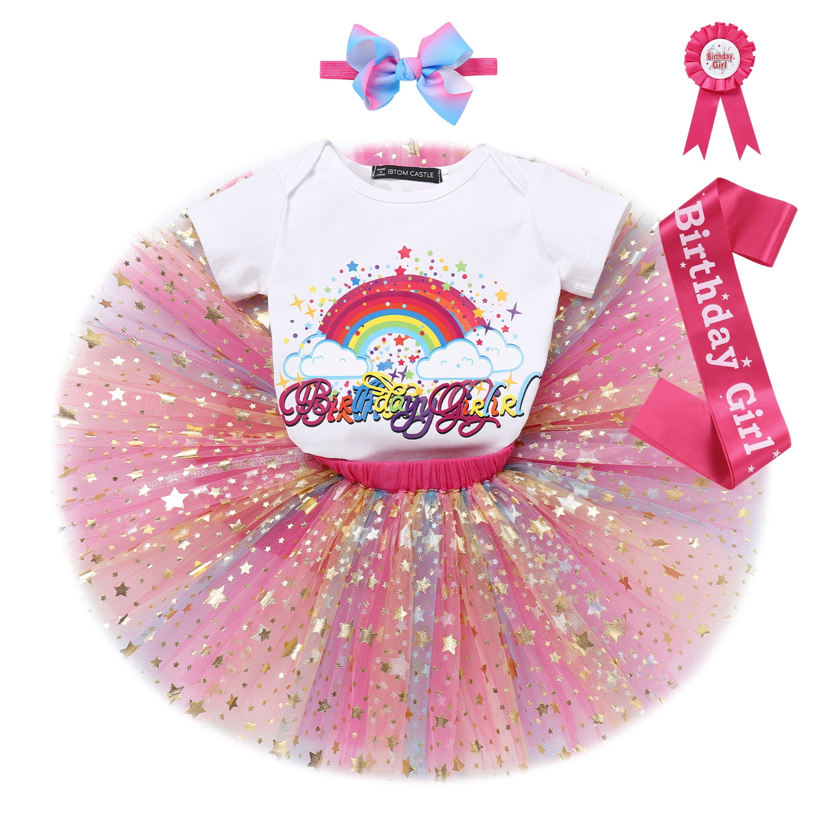 IBTOM CASTLE Toddler Baby Girl Unicorn 1st 2nd 3rd Birthday Outfit Romper + Rainbow Tutu Skirt + Headband + Sash + Badge 5PCS Princess Dress up Clothes Set for Cake Smash Photo Shoot