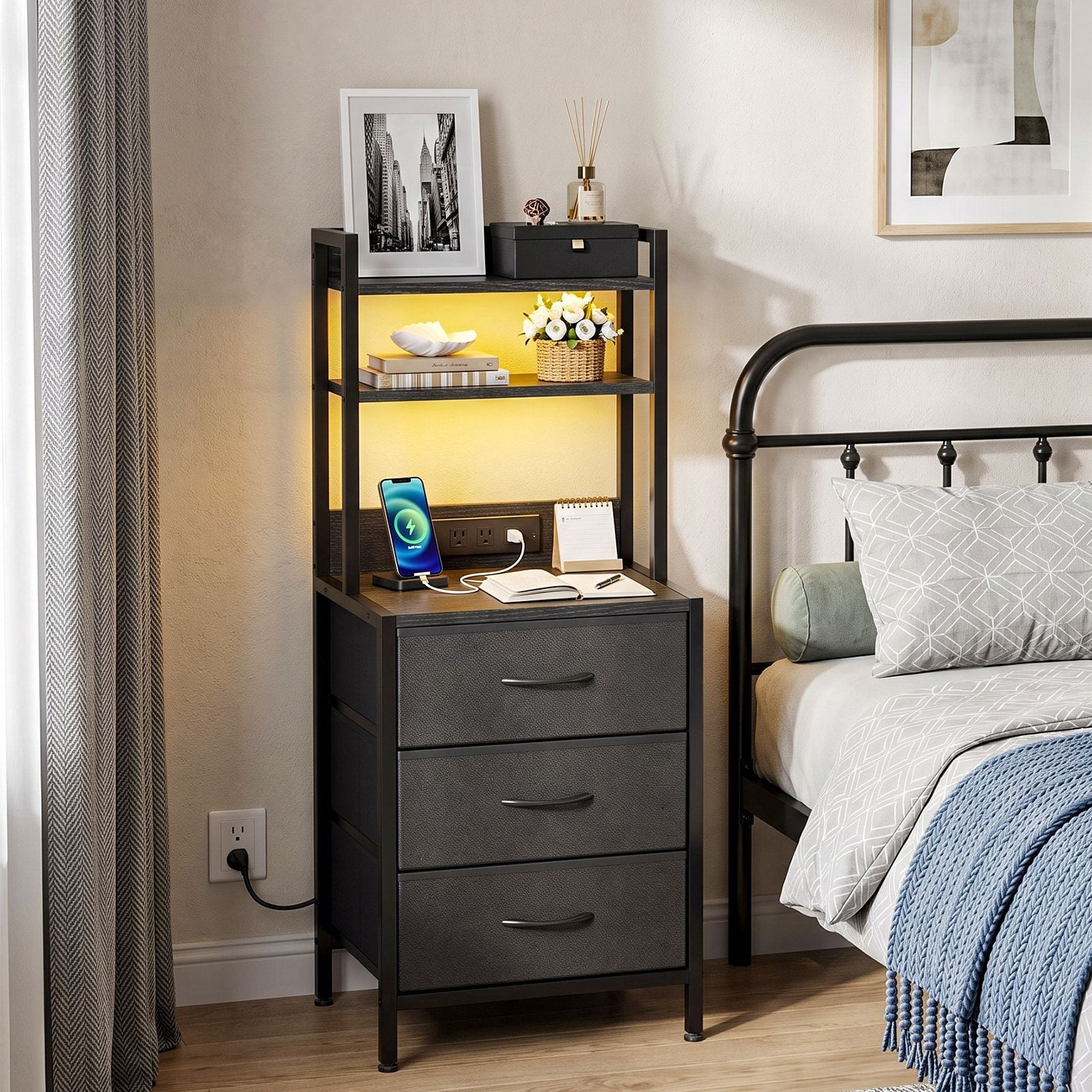3-Drawer Nightstand with Charging Station and LED Light, Fabric Storage Dresser with 2-Tier Open Shelf, Wood Grain Bedside Table with Power Outlet and USB Ports