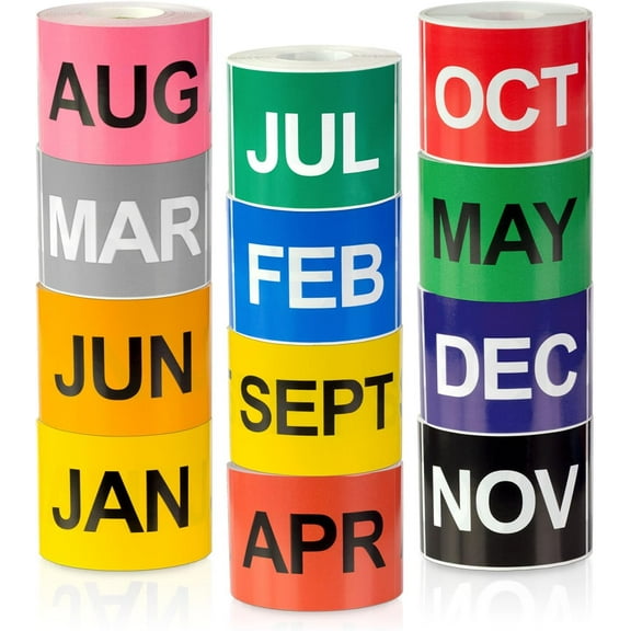 3600 Labels - 12 Months of The Year Labels, Color Coded Circle Dot January to December Labels (3 x 2 inch, Rectangle) - 300 Stickers per Month