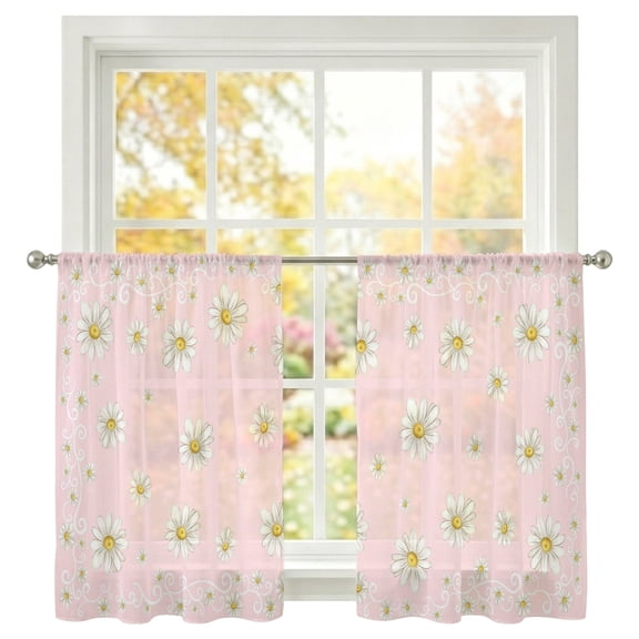 Pink Daisy Flower Sheer Curtains 45 inches Long, Farmhouse Floral Summer Country Light Filtering Sheer Window Curtains Rod Pocket Voile Drapes for Bedroom Living Room, 2 Panels