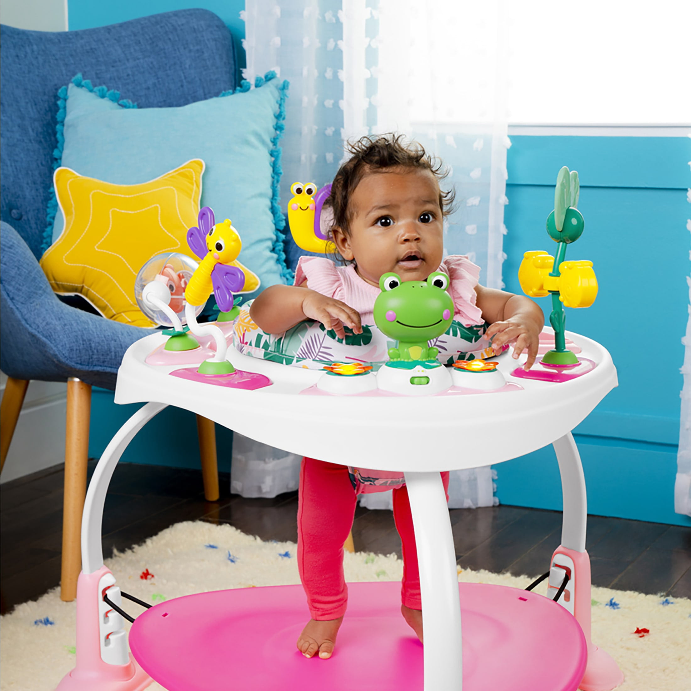 Bright Starts Bounce Bounce Baby 2-in-1 Activity Center Jumper & Table - Playful Palms Pink, 6 Months and up