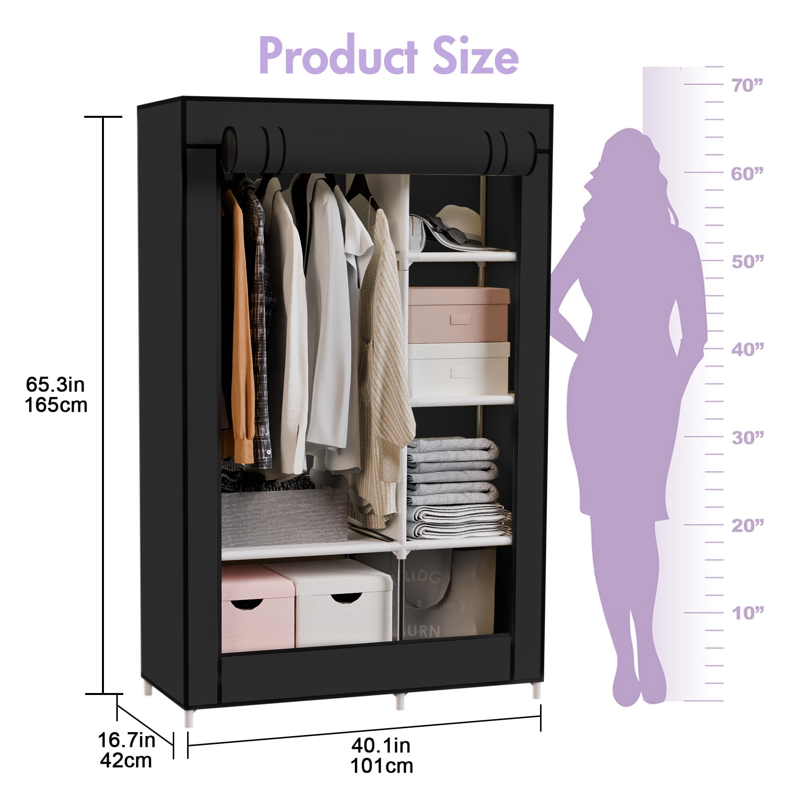 BAOKALER Black No-Assembly Portable Closet:6 Shelves,1 Hanging Rod,4 Side Pockets–Ideal for Bedroom, Living Room, Cloakroom, Garage, Dorm, Apartment