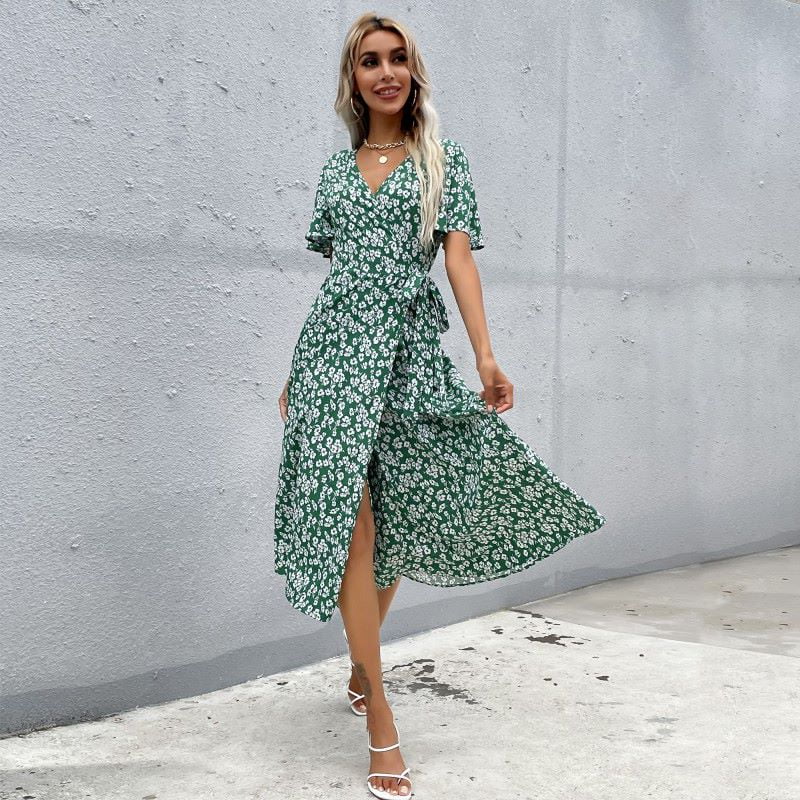 floral wrap dress short Crepe Faux Wrap Sheath Dress With Floral Accent Short Sleeves In Cool Water