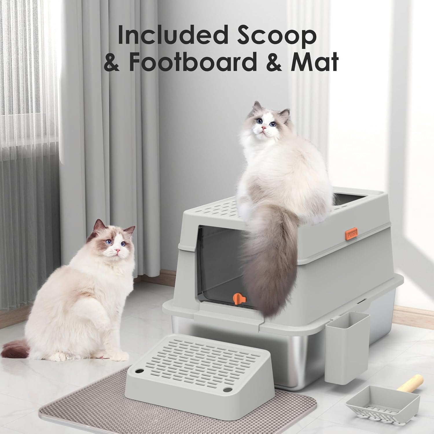 Stainless Steel Cat Litter Box,XL Enclosed Cat Litter Box with Poop Scooper/Footboard/Mat (Light Gray)