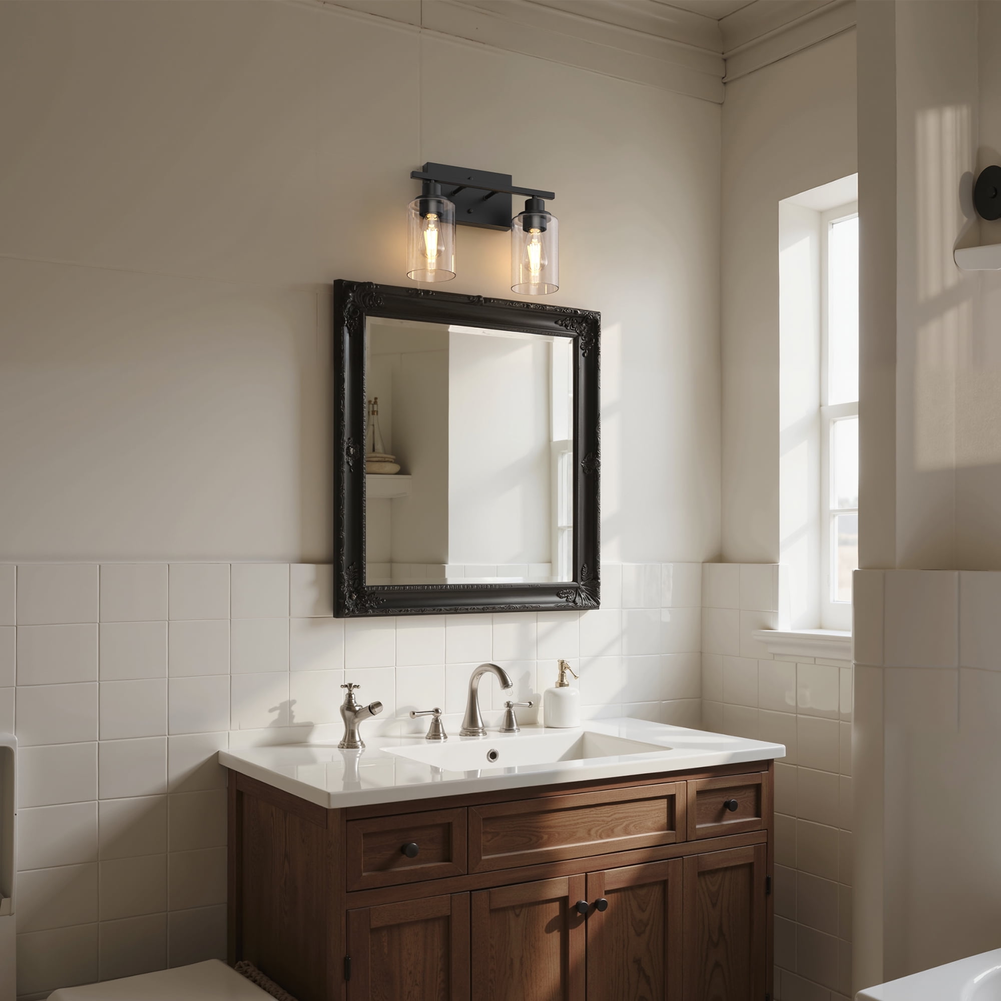 YANSUN 13.4 in 2-Light Matte Black Industrial Bathroom Vanity Light with Clear Glass Shades, Vanity Light for Bathroom, Hallway, Mirror, Laundry Room
