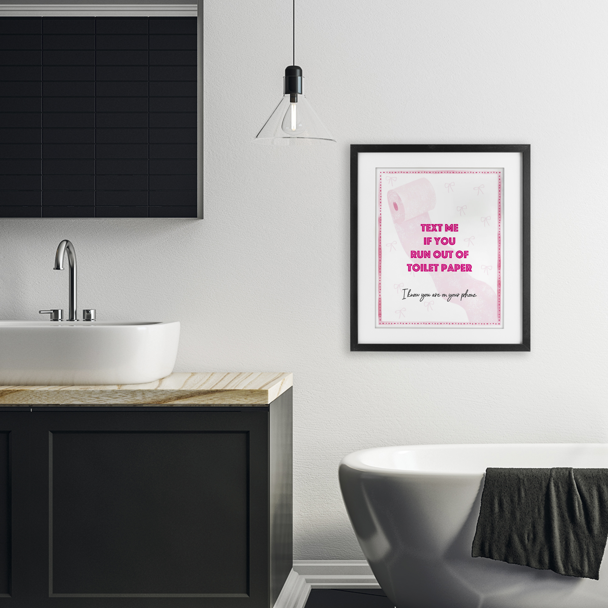 Pink Text for Toilet Paper Black Framed Print Under Glass, design by Ziwei Li