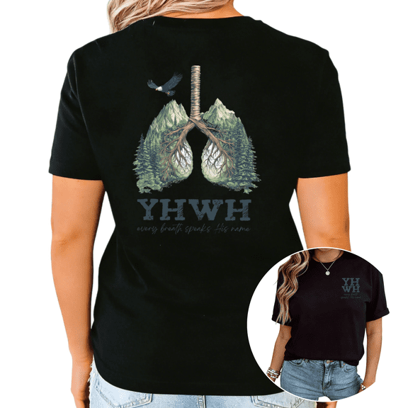 UNISHE Women's "YHWH Every Breath Speaks His Name" Nature Christian Graphic Crew Neck Short Sleeve T-Shirt