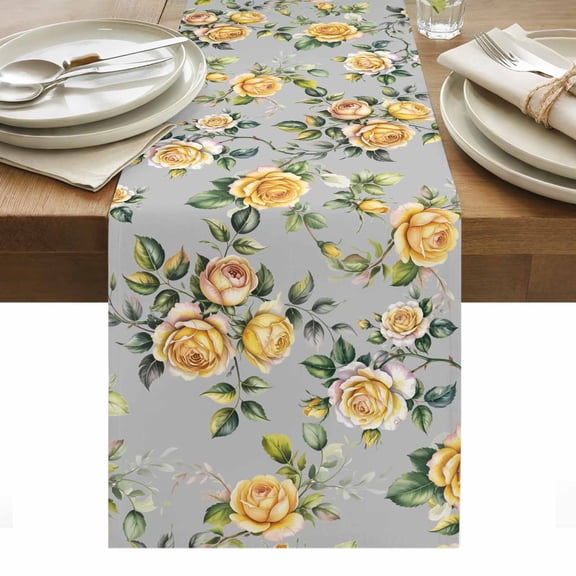 Yellow Rose Table Runner - 72 Inch Long, Kitchen Dining Table Runner Dresser Scarves, Vintage Country Botanical Floral Vines Farmhouse Decor for Coffee Tables Wedding Party Banquet