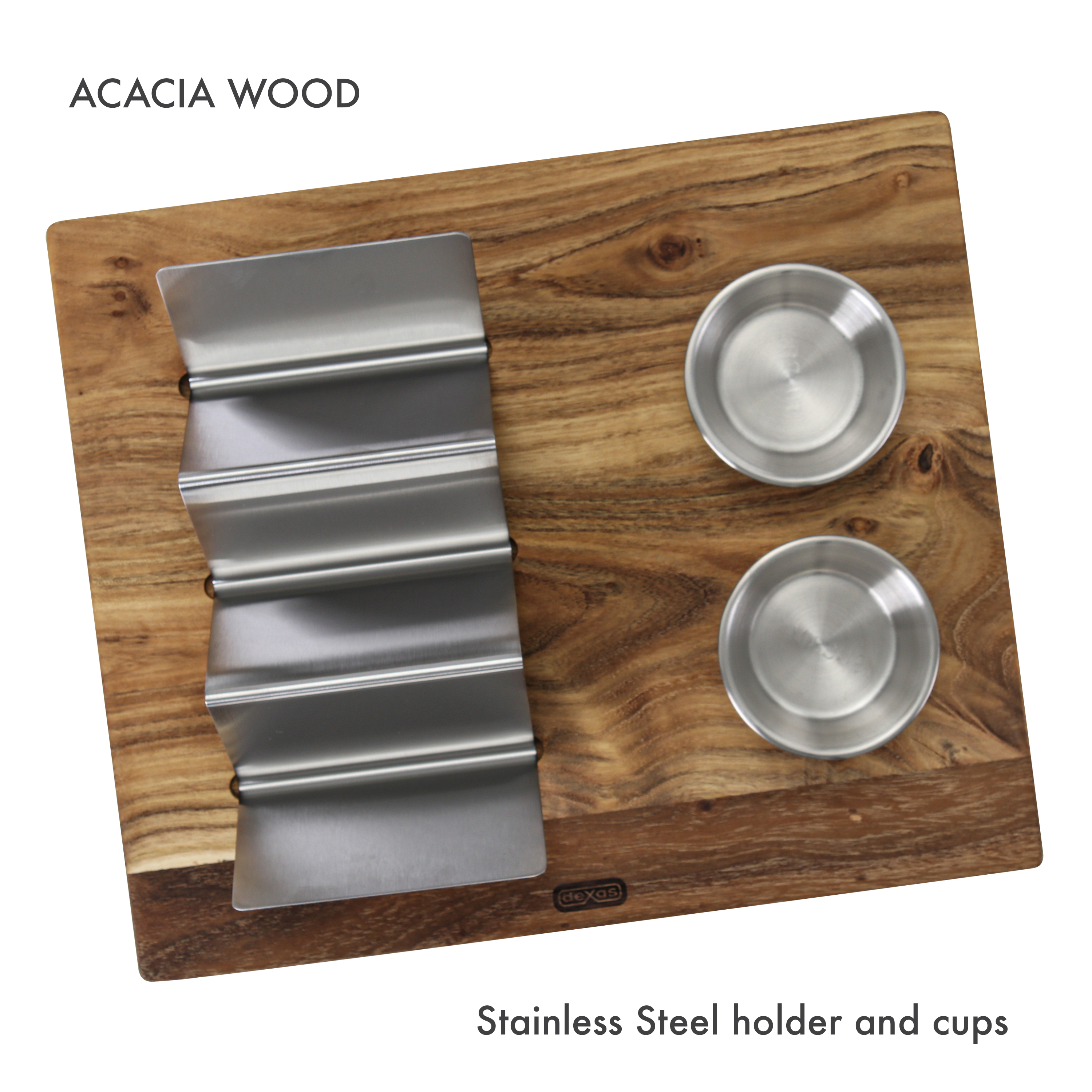 Dexas Acacia Wood Taco Serving Board with Two 2oz Stainless Steel