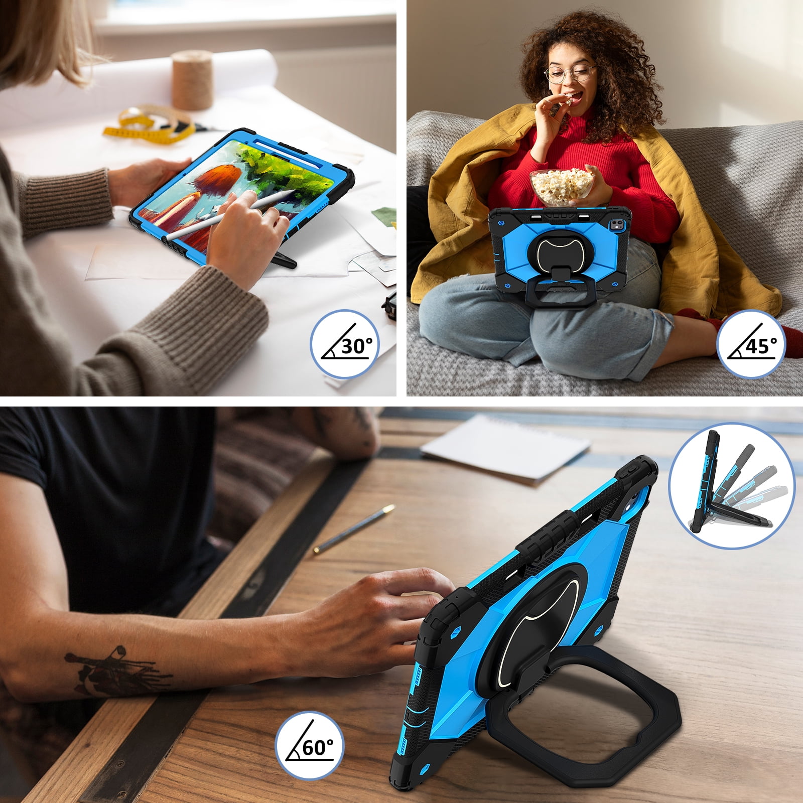 Decase Kids Case for Apple iPad Pro 13 13-inch (M5)(M4) 2025/2024,Shockproof Rotatable Stand Cover,Detachable Shoulder Strap,Rugged 3-Layer Tablet Shell with Pen Holder,Black+Blue