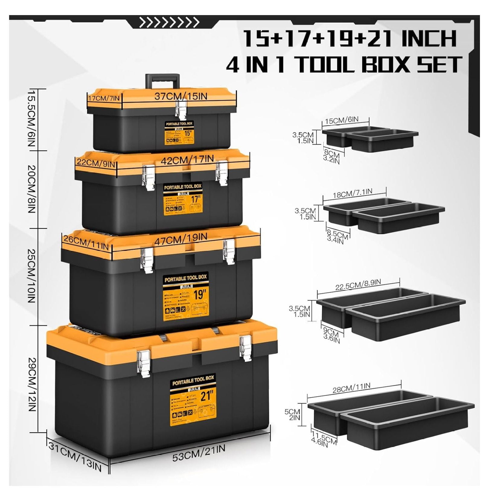 Tool Box | 4 In 1 Toolbox Set | 8 Removable Tool Box Organizers | 15”+17”+19”+21” | Lockable Portable Tool Boxes | Mini/Small/Large Toolboxes | Garage Storage Tools | Home/Professional | Hand/Power