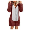 thumbnail image 3 of BiZtdJrK Women's Fuzzy Fleece Zip Up Jumpsuits Fashion Color Block Cat Ear Hooded Rompers Casual Plush Long Sleeve Onesies Shorts Loungewear, Wine, XL, 3 of 7