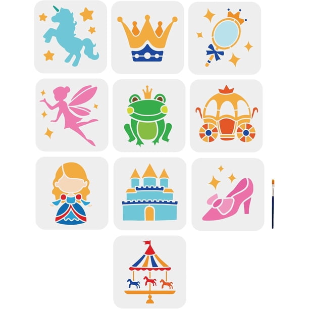 10 plantillas de princesa, hada, castillo, zapatos, rana, príncipe, carrusel, 6x6 pulgadas con pincel. Plantillas de cuentos de hadas fantásticos.
